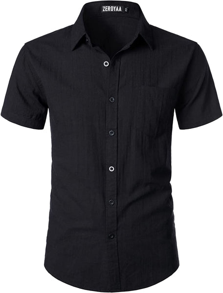 Men's Navy Blue Linen Button Up Short Sleeve Shirt