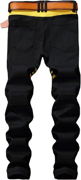 Men's Yellow-Black Ripped Moto Biker Jeans