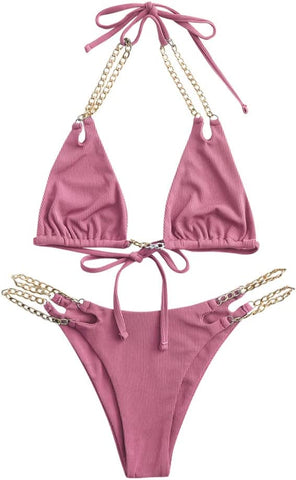 Chain Strap Triangle High Cut 2 Piece Swimsuit