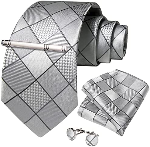 Men's High Quality Jacquard Silk Silver Diamond Cufflink Tie Clip Set