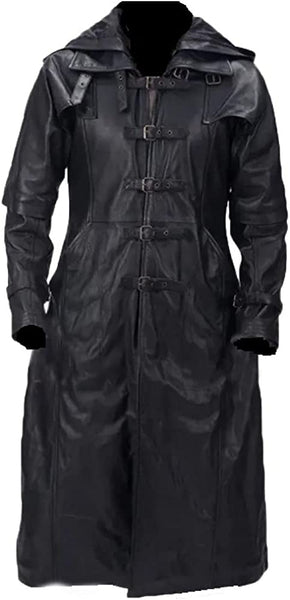 Men's Black Leather Steampunk Matrix Long Coat with Hood