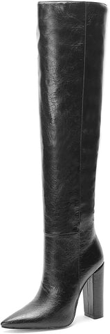 Vintage Black Leather Pointed Toe Knee High Boots