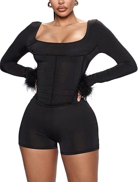 Black Feathers Long Sleeve Knit Romper