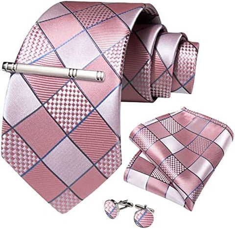 Men's High Quality Jacquard Silk Pink Diamond Cufflink Tie Clip Set