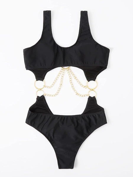 Elegant Chained Black Cut Out One Piece Swimsuit