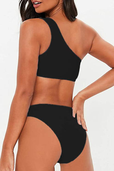 Black One Shoulder Cut Out 2pc Bikini Swimsuit