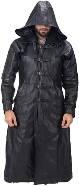 Men's Black Leather Steampunk Matrix Long Coat with Hood