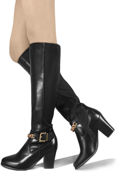 Chunky Heel Black Pointed Toe Women's Knee High Boots