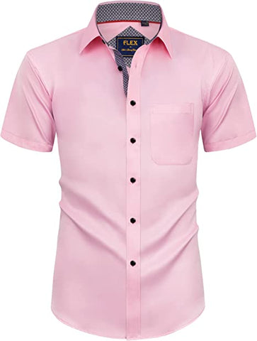 Men's Pink Button Up Short Sleeve Polo Style Shirt