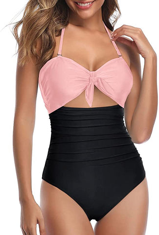 Black/Pink High Waist Tied Halter One Piece Swimsuit