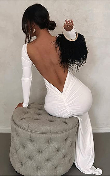 Parisian White Long Sleeve Ruched Backless Maxi Dress