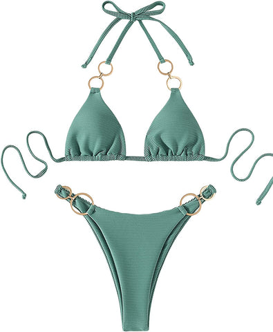 Ring Halter Green High Cut Women's 2 Piece Swimsuit