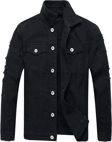 Classic Black Ripped Long Sleeve Men's Denim Jacket