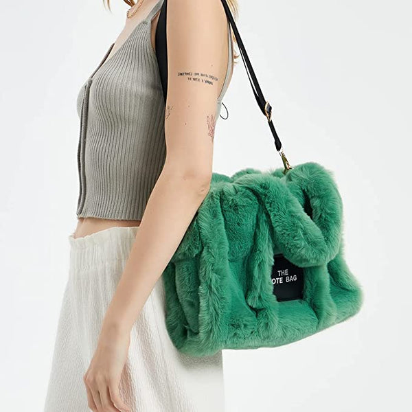 Faux Fur Chic Top Handle Dark Grey Fuzzy Tote Bag