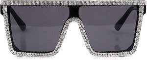 Oversize Black Shield Visor Rhinestone Studded Sunglasses