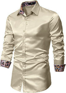 Men's Shiny Luxury Champagne Satin Long Sleeve Dress Shirt