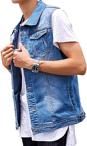 Men's Vintage Light Blue Casual Sleeveless Denim Vest