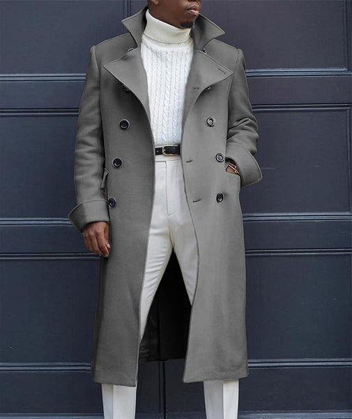 Men's Grey Wool Single Breasted Long Trench Coat