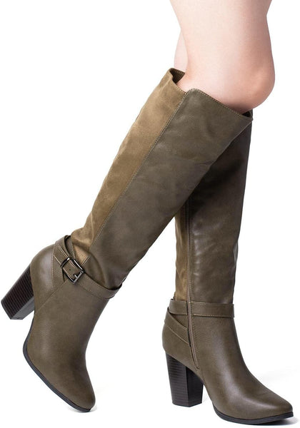 Zip Up Dark Brown High Chunky Heel Knee High Boots