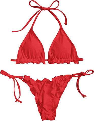 Ruffle Red Halter Tie Side Low Waist 2 Piece Bikini Swimsuit