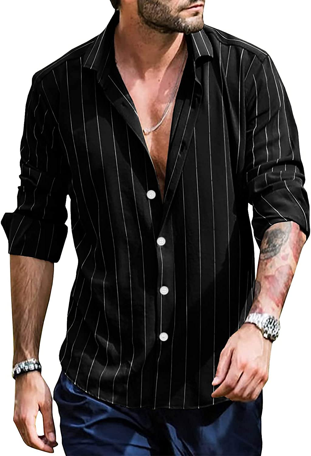 Black Stripe Casual Long Sleeve Men's Button Up Shirt