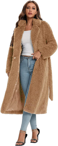 Brown Open Front Faux Fur Long Women's Winter Coat