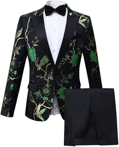 Men's Tuxedo Green Floral 2pc Long Sleeve Formal Suit