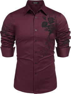 Men's Wine Red Rose Print Button Down Long Sleeve Shirt