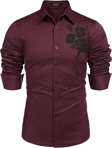 Men's Wine Red Rose Print Button Down Long Sleeve Shirt