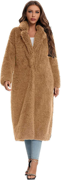 Brown Open Front Faux Fur Long Women's Winter Coat