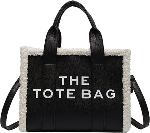 Trendy Fuzzy Black Top Handle Tote Bag