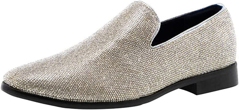 Rhinestone Silver Slip-on Loafer Metallic Tip Smoking Shoes