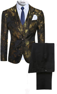 Gold Floral One Button Long Sleeve Men's 3-Piece Suit