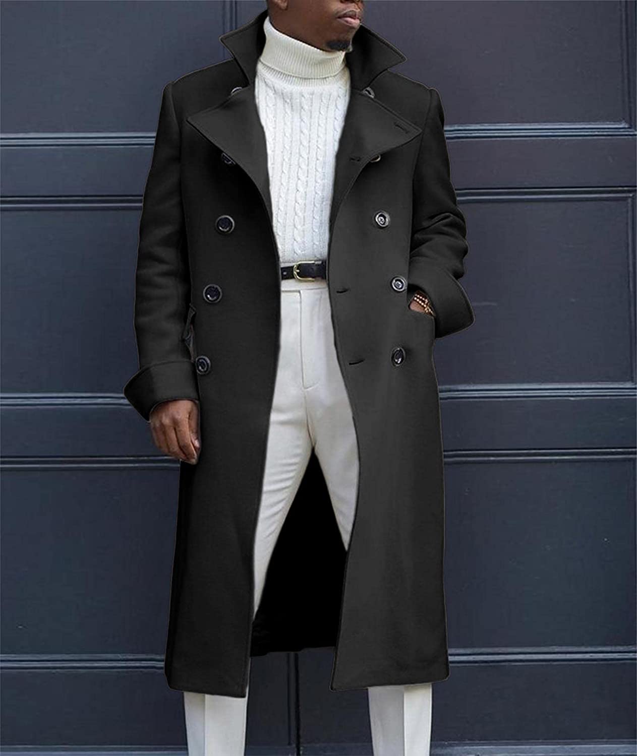 Men's Black Wool Single Breasted Long Trench Coat