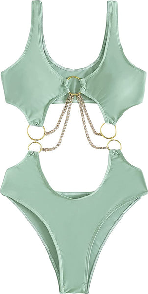 Elegant Chained Mint Green Cut Out One Piece Swimsuit