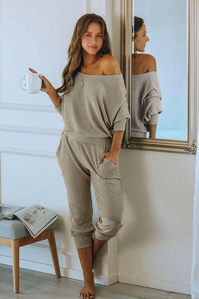 Goddess Grey Off Shoulder Long Sleeve Long Pants with Pockets