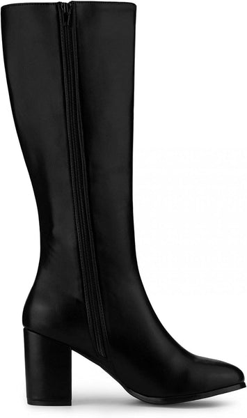 Casual Black Round Toe Block Heel Women's Knee High Boots