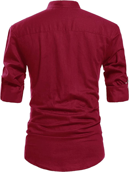 Men's Wine Red Henley Neck Long Sleeve Linen Shirts