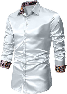 Men's Shiny Luxury Silver Satin Long Sleeve Dress Shirt