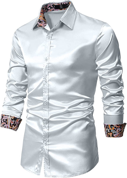 Men's Shiny Luxury Silver Satin Long Sleeve Dress Shirt