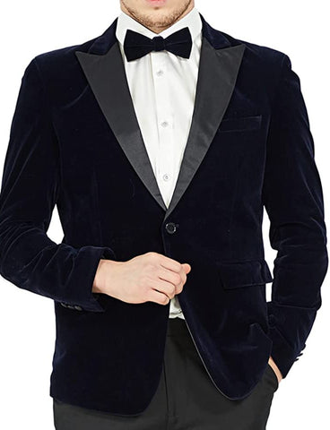 Men's Peak Lapel Navy Blue Velvet One Button Blazer Suit