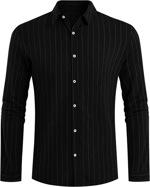 Black Stripe Casual Long Sleeve Men's Button Up Shirt