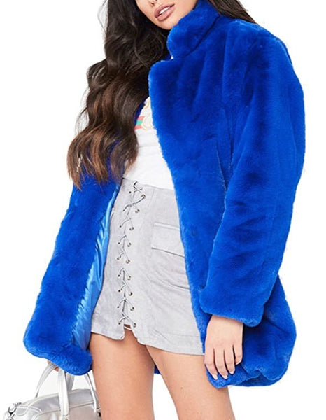 Women's Blue Winter Warm Lapel Long Sleeve Faux Fur Coat