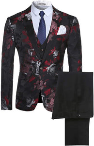 Red Floral Long Sleeve One Button Men's 3-Piece Suit