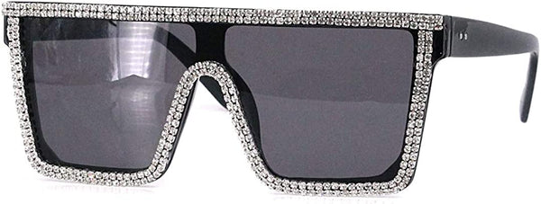 Oversize Black Shield Visor Rhinestone Studded Sunglasses