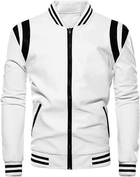 Fleece Lined White Pu Leather Varsity Bomber Jacket