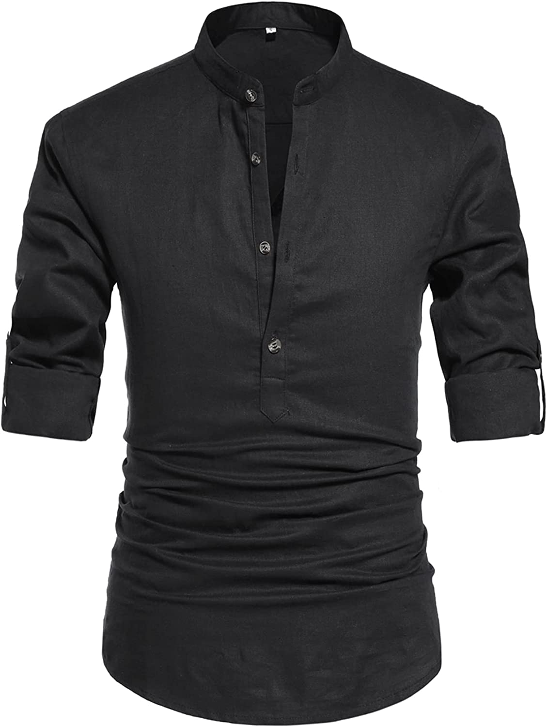 Men's Black Henley Neck Long Sleeve Linen Shirts