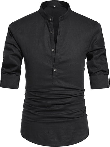 Men's Black Henley Neck Long Sleeve Linen Shirts