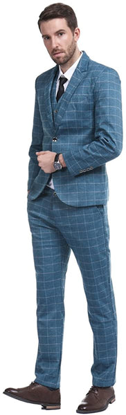 Modern Blue Plaid 3 Pieces Tuxedo Men's Suit