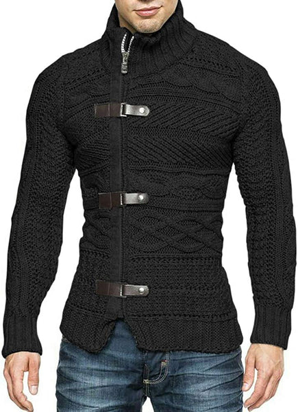 Men's Black Knitted Turtleneck Long Sleeve Slim Fit Sweater Cardigan